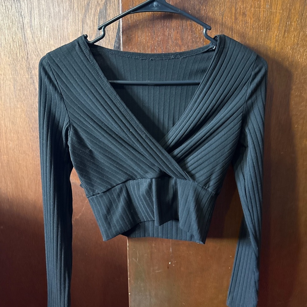 Black Ribbed Wrap Top